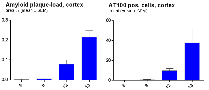 Quantified Methoxy-X04 and AT100 staining of 6-13 month old APP-ld x Tau.P301L animals (n = 8-10 per group (6-12 mo) and n = 3 for 13 mo) in a specified area of the frontal cortex